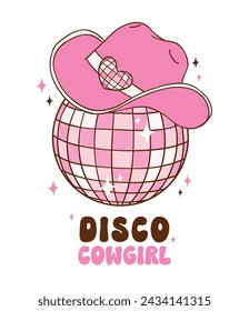 Disco ball and pink Cowgirl hat doodle hand drawing illustration, trendy retro groovy vibes disco era.