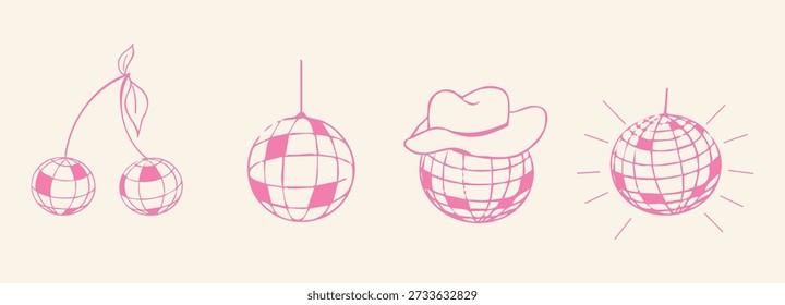 Disco Ball rosa Set, Skizze y2k Linie Tattoo kreativ. Retro Bachelorette Doodle Party handgezeichnete Dekoration. Musik, Party und Vintage.
