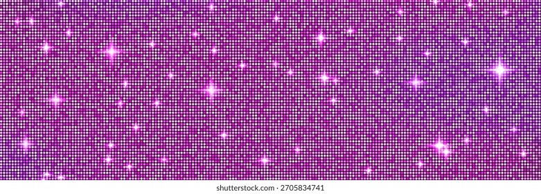 Fundo de padrão de brilho roxo bola Disco. Lantejoula textura de mosaico violeta e brilho neon. Design de piso cintilante para festa de dança. Decoração de luz de grade de espelho brilhante. Ilustração festiva vetorial.
