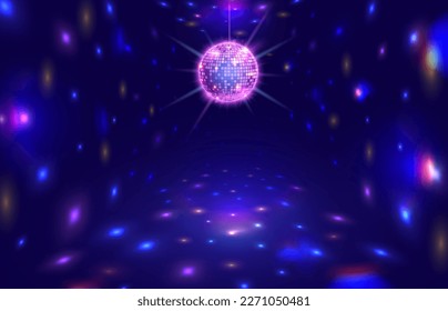 Rayos de bola disco. Sala de baile con reflejos de bola espejo, luces de escenario de discoteca e ilustración de fondo de vector de fiesta. Balón reflectante brillante para entretenimiento, efecto espumoso