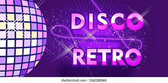 Disco ball with rays and sparkles, Abstract retro background for dance parties and night music shows, vector horizontal illustration in violet-golden colors.
