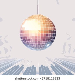 Una bola de discoteca que refleja la luz cuelga por encima de las líneas convergentes. La Imagen muestra tonos cálidos que contrastan con tonos fríos. El estilo parece abstracto.