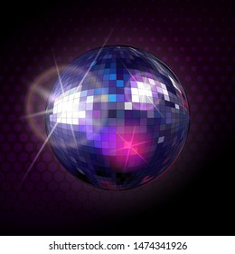 Disco ball with reflections and highlights on a dark purple texture background with polygons.