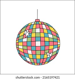 Disco ball in retro style. Vector illustration. Poppy print. Glowing colored ball.