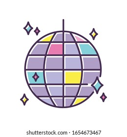 Disco ball RGB color icon. Night club recreation, nightclub entertainment, nightlife. Dancing party, discotheque. Sparkling glass sphere, shiny discoball isolated vector illustration