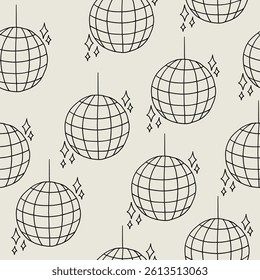 Disco ball seamless pattern. Dance mirror party ball background. Vector sketch wallpaper