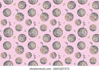 Disco ball seamless pattern on pink background. Cartoon shiny ball print for girl textile, wrapping paper. Celebrate print with disco ball