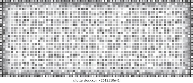 Disco ball seamless pattern. Disco party glitter silver background, sparkle mosaic tile, shiny metal square club floor, retro nightclub vector illustration