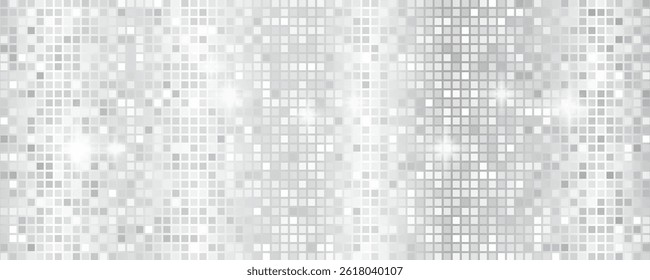 Disco ball seamless pattern. Disco party glitter silver background, sparkle mosaic tile, shiny metal square club floor, retro nightclub vector illustration