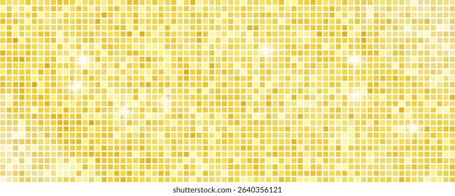 Disco ball seamless pattern. Disco party glitter golden background, sparkle mosaic tile, gold shiny metal square club floor, retro nightclub vector illustration
