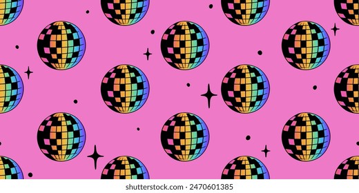 Disco ball seamless pattern vector illustration. Club decoration element ornament with sparkles. Party sparkling rainbow sphere. Design for textile, fabric, background, pride month print.