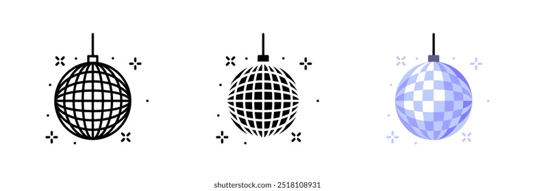 Disco Ball set Icons. Linear, silhouette and flat style. Vector icons.