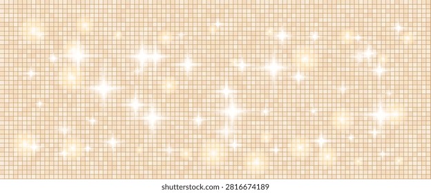 Disco ball shine and bold starbursts for club poster or night party card. Beige pixel tile mosaic with warm glow and mirror ball reflections. Vector seamless disco texture in caramel glitz tone.
