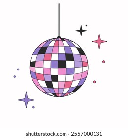 Disco ball shining stars symbol. Mirror disco ball with glitters icon. Shining nightclub sphere. Vector Color illustration Isolated on a white background. Dance music party disco ball.