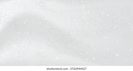 Disco ball silver mosaic background mirror glitter texture. Shiny white tones sequin pattern. Festive winter fashion folded fabric decoration. Glam grey sparkle Christmas wall. Vector illustration.