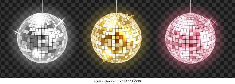 Disco ball silver, pink and golden illustration set. Bright glowing party decorations isolated on transparent background. 3d spherical mirror
