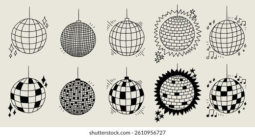 Disco Ball Sketch Set. Club Dance Party Mirror Discoball Collection. Doodle Vector Illustration