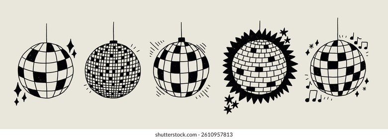 Disco Ball Sketch Set. Club Dance Party Mirror Discoball Collection. Doodle Vector Illustration