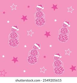 disco ball snowman pattern, Santa hat, pink Christmas vector seamless pattern