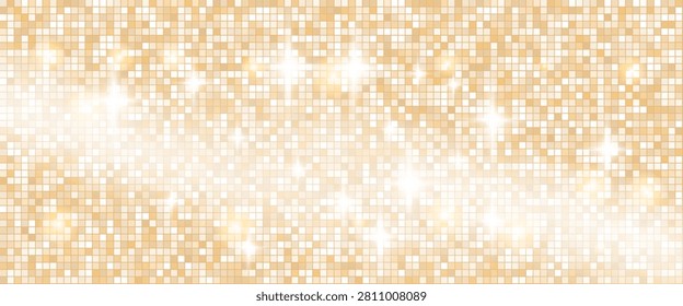 Disco ball sparkle on golden mosaic background for nightclub flyer. Bright disco shimmer over a tile background by warm light. Vector dance backdrop with mirror gradient and brass tones blinks.