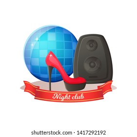 Disco ball and speaker equipment, high heel shoe, night club modern objects with ribbon. Discotheque icons, party elements, audio and fashion signs vector