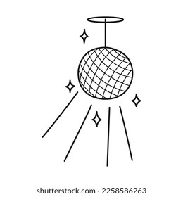 Disco Ball mit Sternen. Cartoon-Stil. Design-Element. Handgezeichnete Linie, Vektorgrafik einzeln auf weißem Hintergrund.