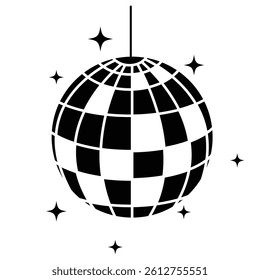 Disco ball with stars icon, disco ball sign vector. Mirror disco ball with glitters icon. Dance music party discoball. vector illustration. 