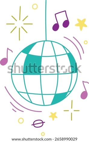 A disco ball surrounded by music notes and stars in a playful drawing style. The illustration captures a lively dance atmosphere with energetic elements. Cartoon vector illustration
