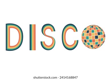 Disco ball. Template for postcard, poster, banner. Disco party. Groovy. Clockwork elements in retro hippie style of 70s.