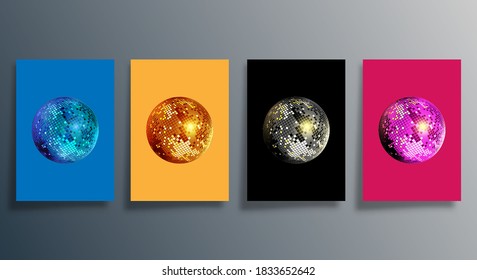 Disco ball in various colors. Set of mirrorball design for party flyer, brochure cover, or retro poster. Vector illustration.