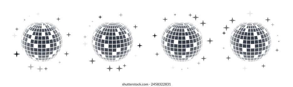 Disco ball vector in 3d style isolated on white background. Vector 3d disco ball background with stars and glitter. Music dance illustration.