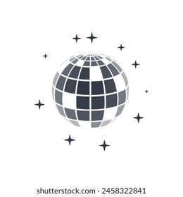Disco ball vector in 3d style isolated on white background. Vector 3d disco ball background with stars and glitter. Music dance illustration.