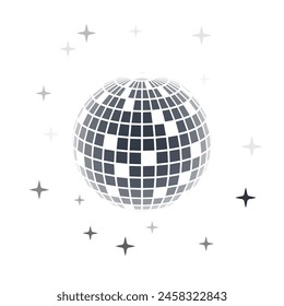 Disco ball vector in 3d style isolated on white background. Vector 3d disco ball background with stars and glitter. Music dance illustration.
