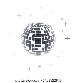 Disco ball vector in 3d style isolated on white background. Vector 3d disco ball background with stars and glitter. Music dance illustration.