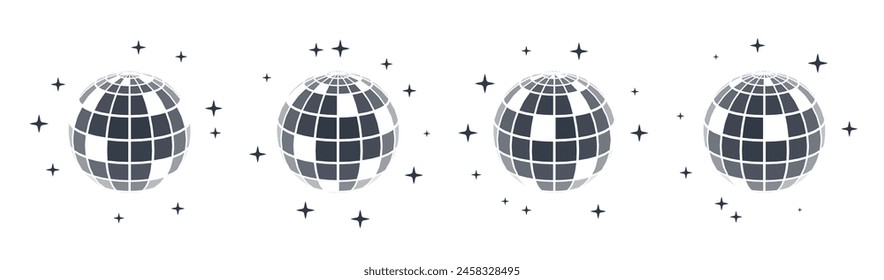 Disco ball vector in 3d style isolated on white background. Vector 3d disco ball background with stars and glitter. Music dance illustration.