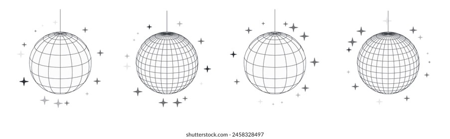 Disco ball vector in 3d style isolated on white background. Vector 3d disco ball background with stars and glitter. Music dance illustration.