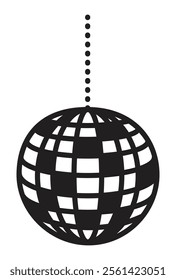 Disco ball, vector black monochrome illustration, discotheque, night club shiny sphere