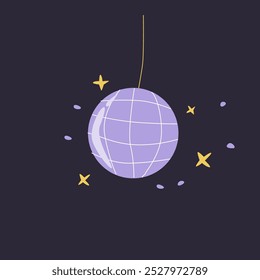 Disco ball Vector color icon. Club ball for party on dark background. Disco decoration element with stars. Doodle illustration.