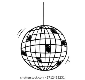 Ilustração de doodle de vetor de bola de disco. Esfera de espelho desenhada à mão whimsical isolada no fundo branco