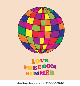 The disco ball vector icon Is Isolated. retro. text love, freedom, and summer.