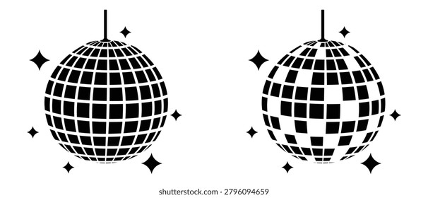 Disco ball vector icon. Silhouette of Disco ball icon set. Disco ball or mirror ball icon symbol with star. Shining mirror sphere for nightclub party. Vector illustration.