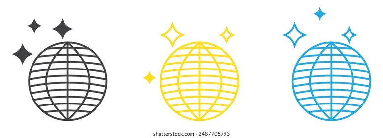 Disco ball vector icons set. Disco ball shining stars symbol. Line disco ball graphic design template logo