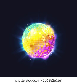 Disco ball vector illustration. Dancing retro sphere with glitter. Night club or holiday party, entertainment event discoball. Decoration circle shiny element for music. Round glass with reflection