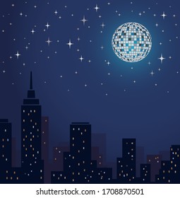 Disco Ball Vector lltustration. Night Party Sityscape Background. Nightlife.