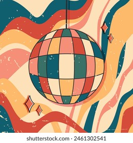 Disco ball in vintage groovy style. Trendy retro design with grunge texture. Vector illustration
