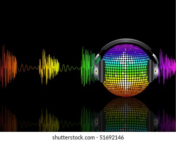 Disco ball wearing headphones with sound waves background reflected on a glossy surface