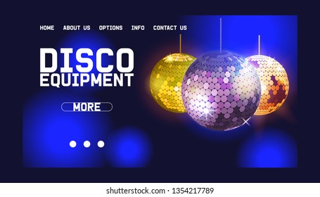 Disco ball web design banner vector illustration. Shop or store with equipment for disco show. Night city entertainment and event. Contact information.