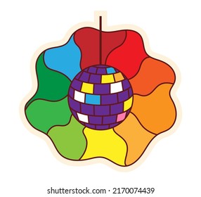 A disco ball from which a rainbow glows. Psychedelic retro sticker in cartoon style. Funky, hippie retro element. Vector illustration of 70s, 80s.