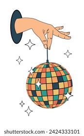 A disco ball in your hand. Groovy. Clockwork elements in a retro hippie 70's style. Vector illustration