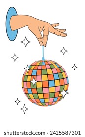 A disco ball in your hand. Groovy. Template for banner, invitation, menu.Clockwork elements in retro hippie style of 70s. Vector illustration